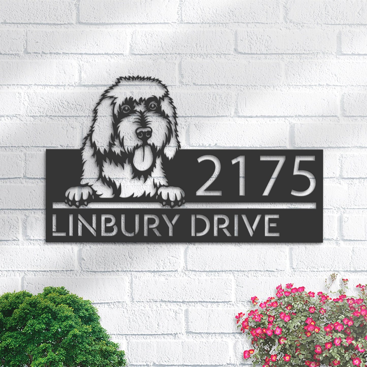 Personalized Goldendoodle dog, Puppy Metal Address Sign House number Hanging Address Plaque Yard Sign Outdoor decor Garden Stake