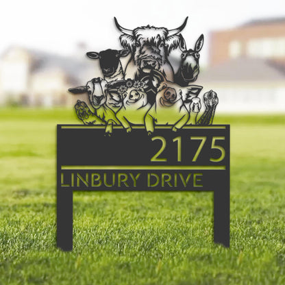 Personalized farm animals farmhouse ranch Metal Address Sign House number Hanging Address Plaque | Yard Sign, Outdoor Sign | Garden Stake