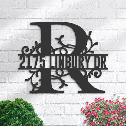 Personalized Floral Monogram Split Letter R Metal Address Sign House number Hanging Address Plaque Yard Sign Outdoor decor Garden Stake