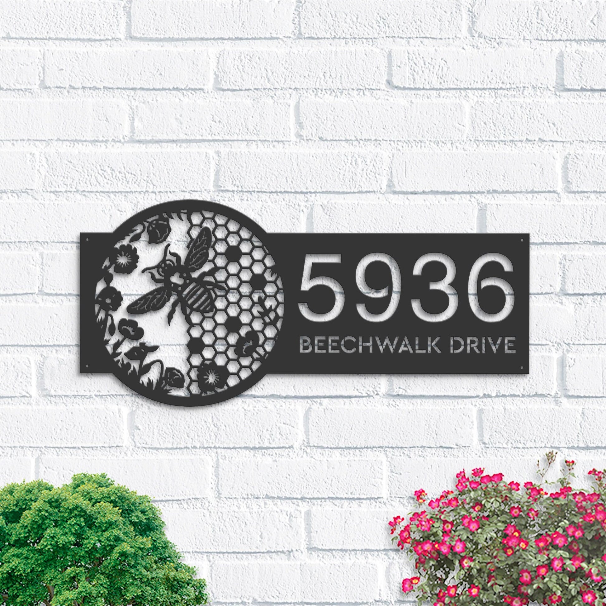 Personalized Beehive flowers honeycomb Metal Address Sign Custom House Number, Hanging Address Plaque Yard Sign, Outdoor Sign Garden Stake