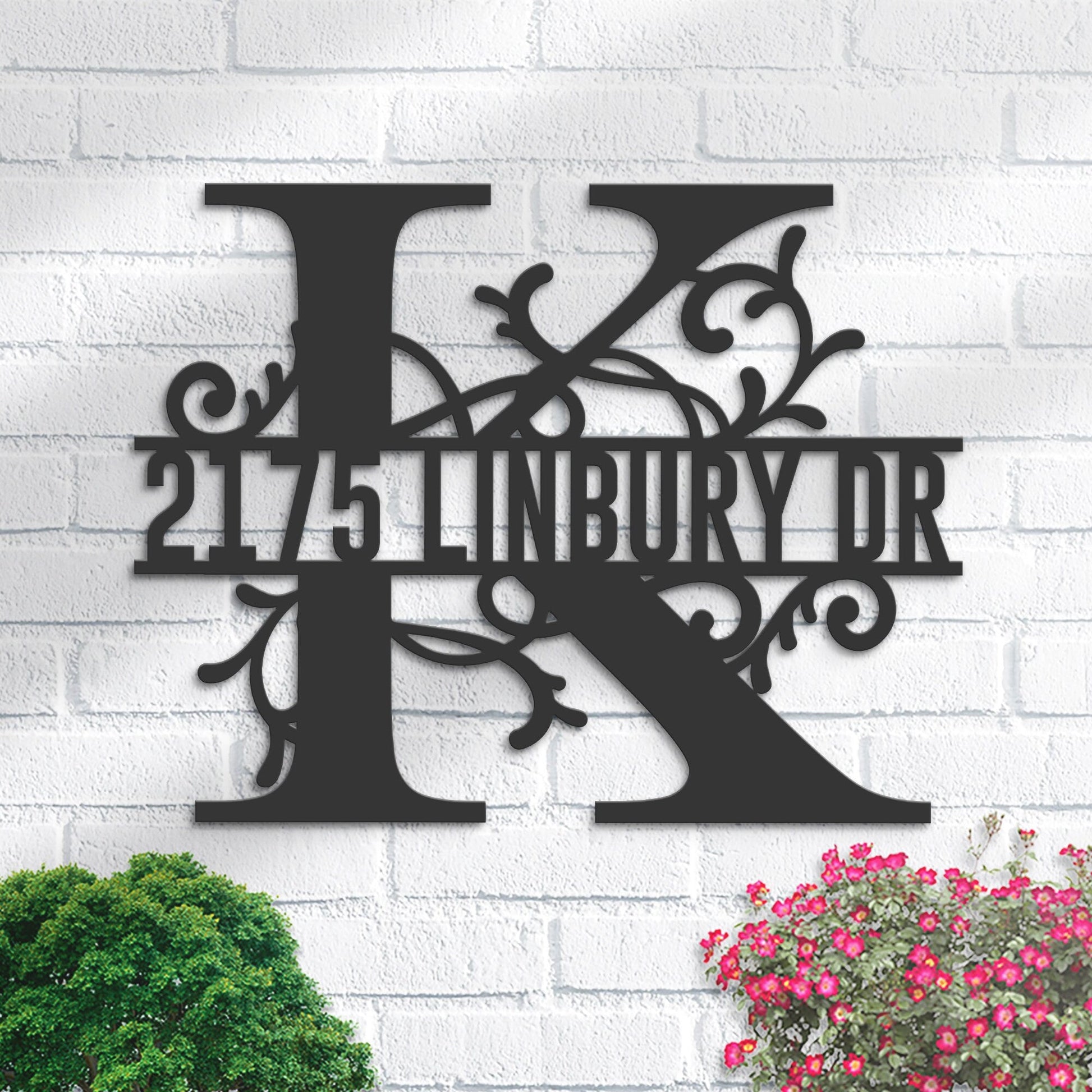 Personalized Floral Monogram Split Letter K Metal Address Sign House number Hanging Address Plaque Yard Sign Outdoor decor Garden Stake