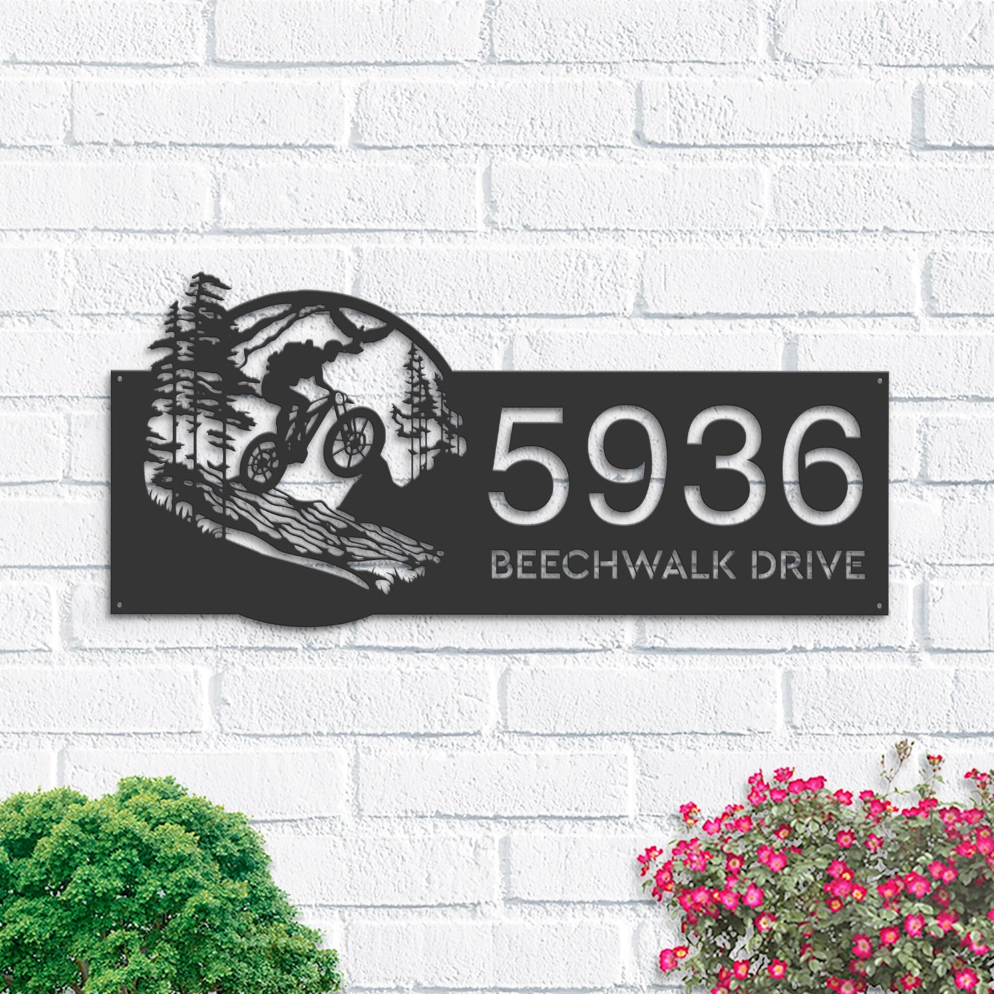 Personalized Mountain bike biker MTB Metal Address Sign House number Hanging Address Plaque Yard Sign, Outdoor Sign Garden Stake