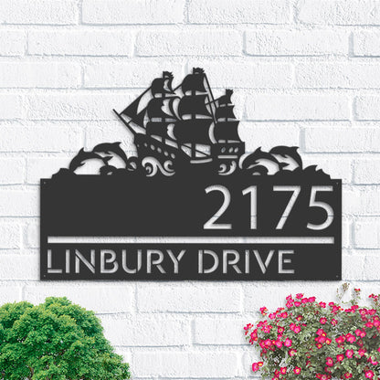 Personalized Boat with dolphins Metal Address Sign House number | Hanging Address Plaque | Yard Sign, Outdoor Sign | Garden Stake