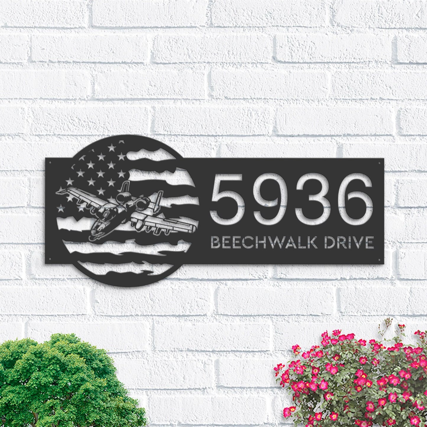 Personalized A-10 airplane US flag Metal Address Sign With LED lights House number Hanging Address Plaque Yard Sign Outdoor Garden Stake