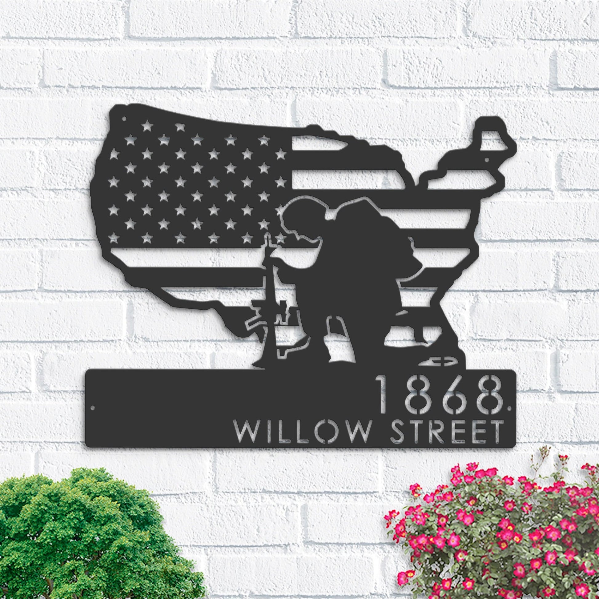 Personalized Soldier American Flag Patriotic Army Metal Address Sign | Hanging Address Plaque | Yard Sign, Outdoor Sign | Garden Stake