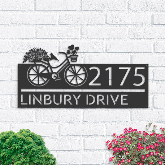 Personalized Bicycle with flower and hearts Metal Address Sign House number Hanging Address Plaque Yard Sign Outdoor Sign Garden Stake