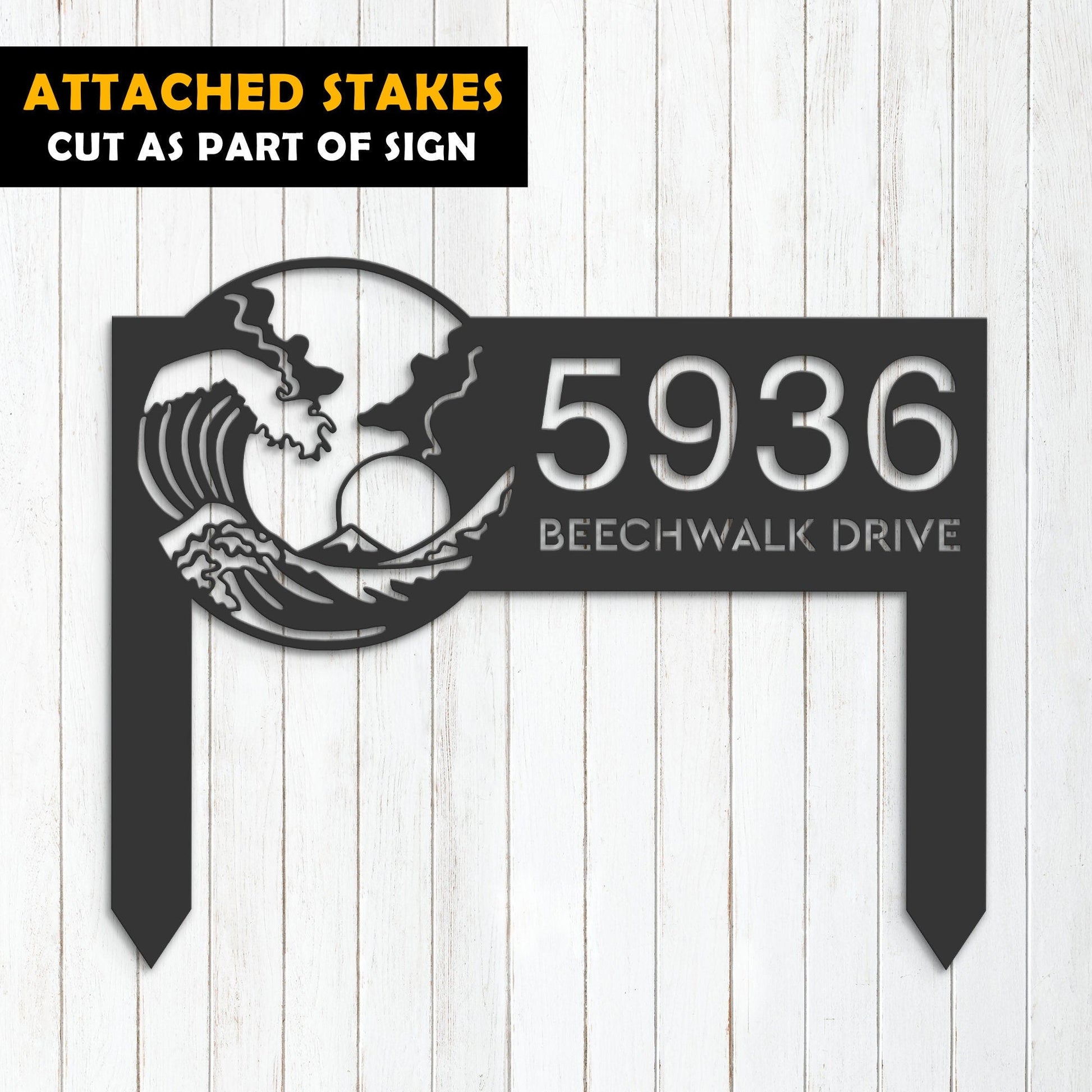 Personalized Waves Metal Address Sign House number | Hanging Address Plaque | Yard Sign, Outdoor Sign | Garden Stake