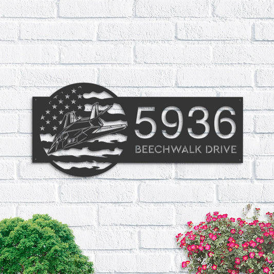 Personalized Stealth Plane US flag Metal Address Sign With LED lights House number Hanging Address Plaque Yard Sign Outdoor Garden Stake