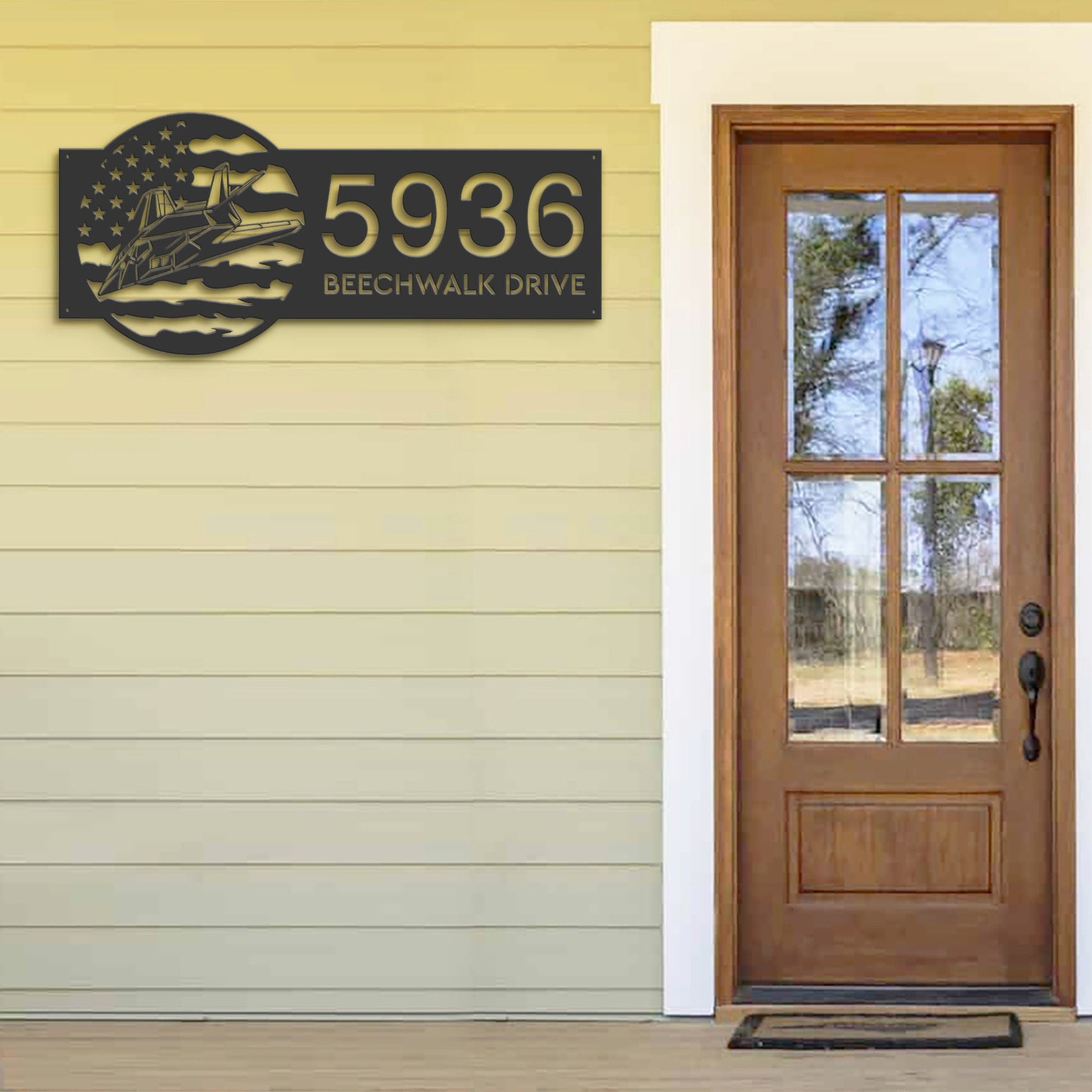 Personalized Stealth Plane US flag Metal Address Sign With LED lights House number Hanging Address Plaque Yard Sign Outdoor Garden Stake