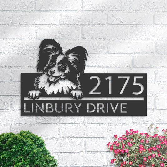 Personalized Papillon dog, Puppy Metal Address Sign House number Hanging Address Plaque Yard Sign Outdoor decor Garden Stake