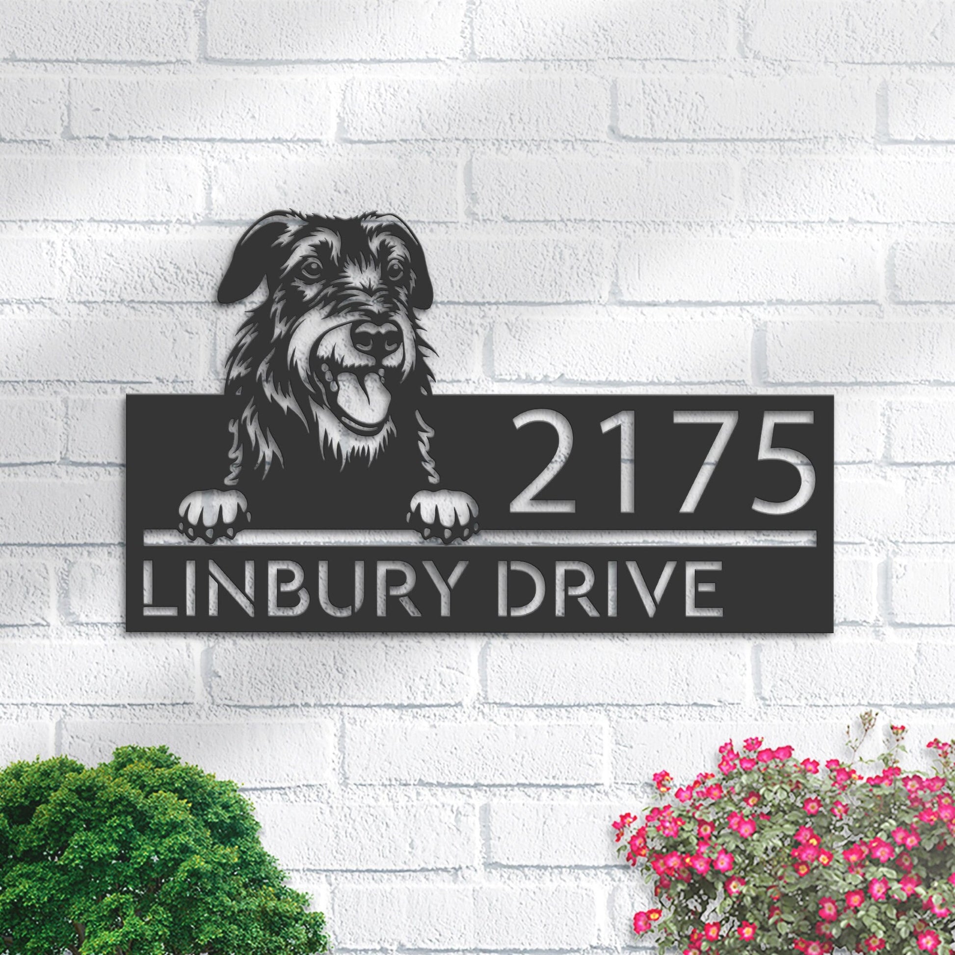 Personalized Irish wolfhound dog, Puppy Metal Address Sign House number Hanging Address Plaque Yard Sign Outdoor decor Garden Stake