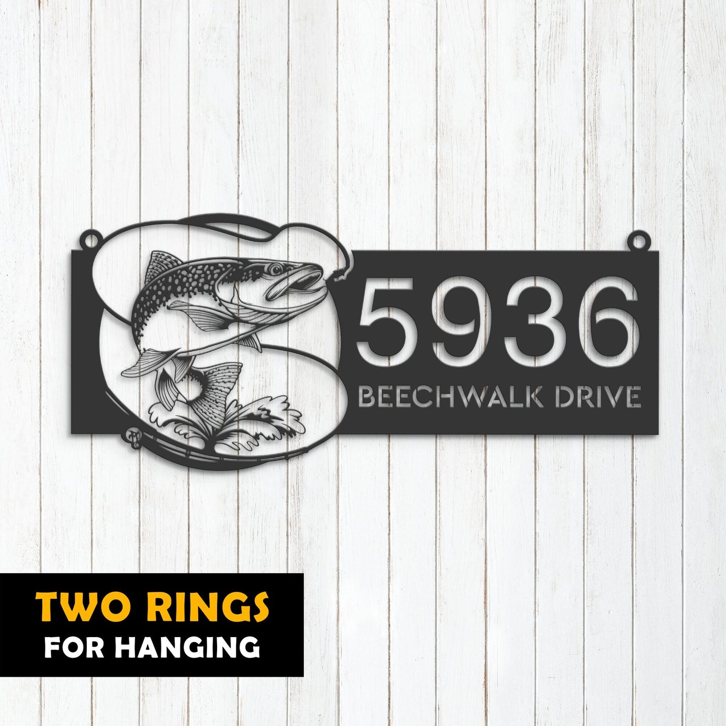 Personalized Trout fishing rod bait hook Metal Address Sign House number Hanging Address Plaque Yard Sign Outdoor Sign Garden Stake