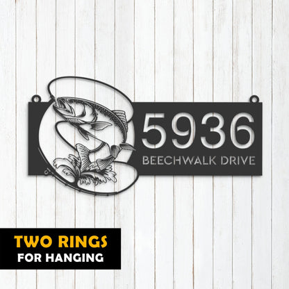 Personalized Trout fishing rod bait hook Metal Address Sign House number Hanging Address Plaque Yard Sign Outdoor Sign Garden Stake