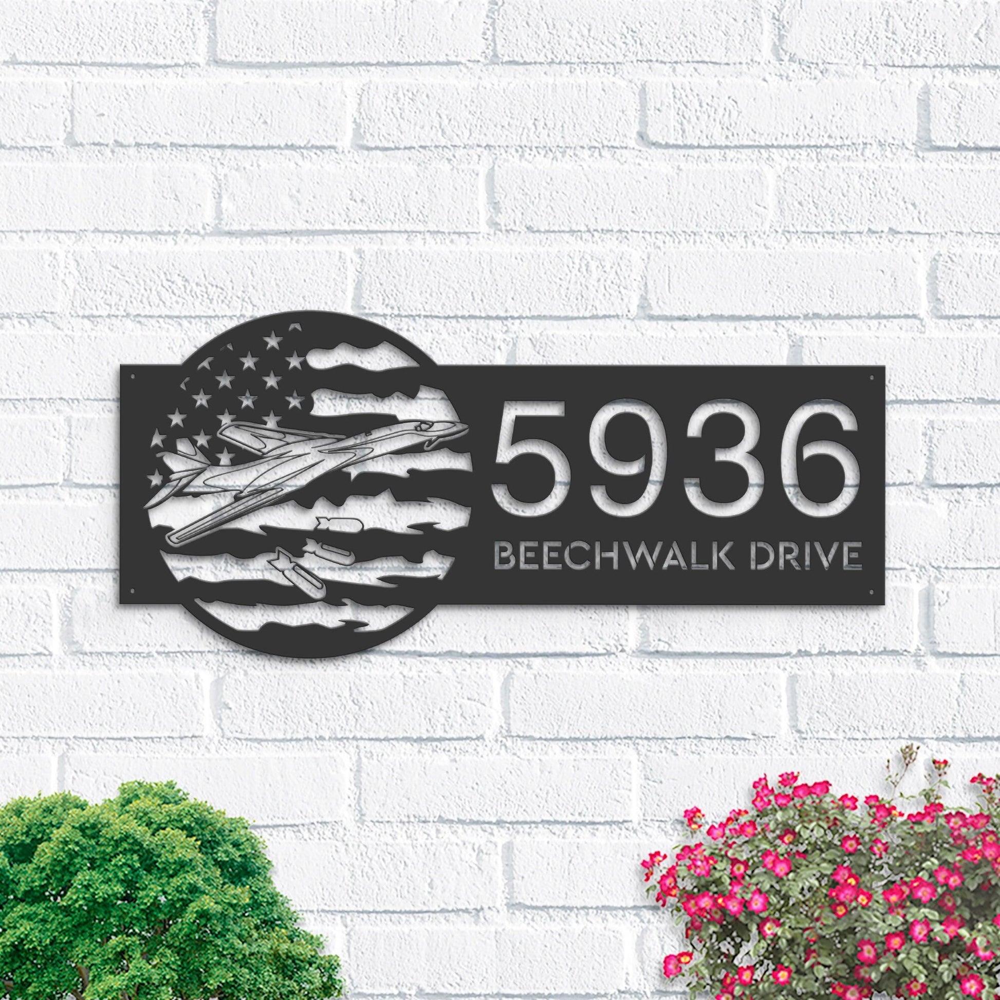 Personalized B-1B airplane US flag Metal Address Sign With LED lights House number Hanging Address Plaque Yard Sign Outdoor Garden Stake