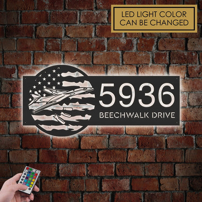 Personalized B-1B airplane US flag Metal Address Sign With LED lights House number Hanging Address Plaque Yard Sign Outdoor Garden Stake