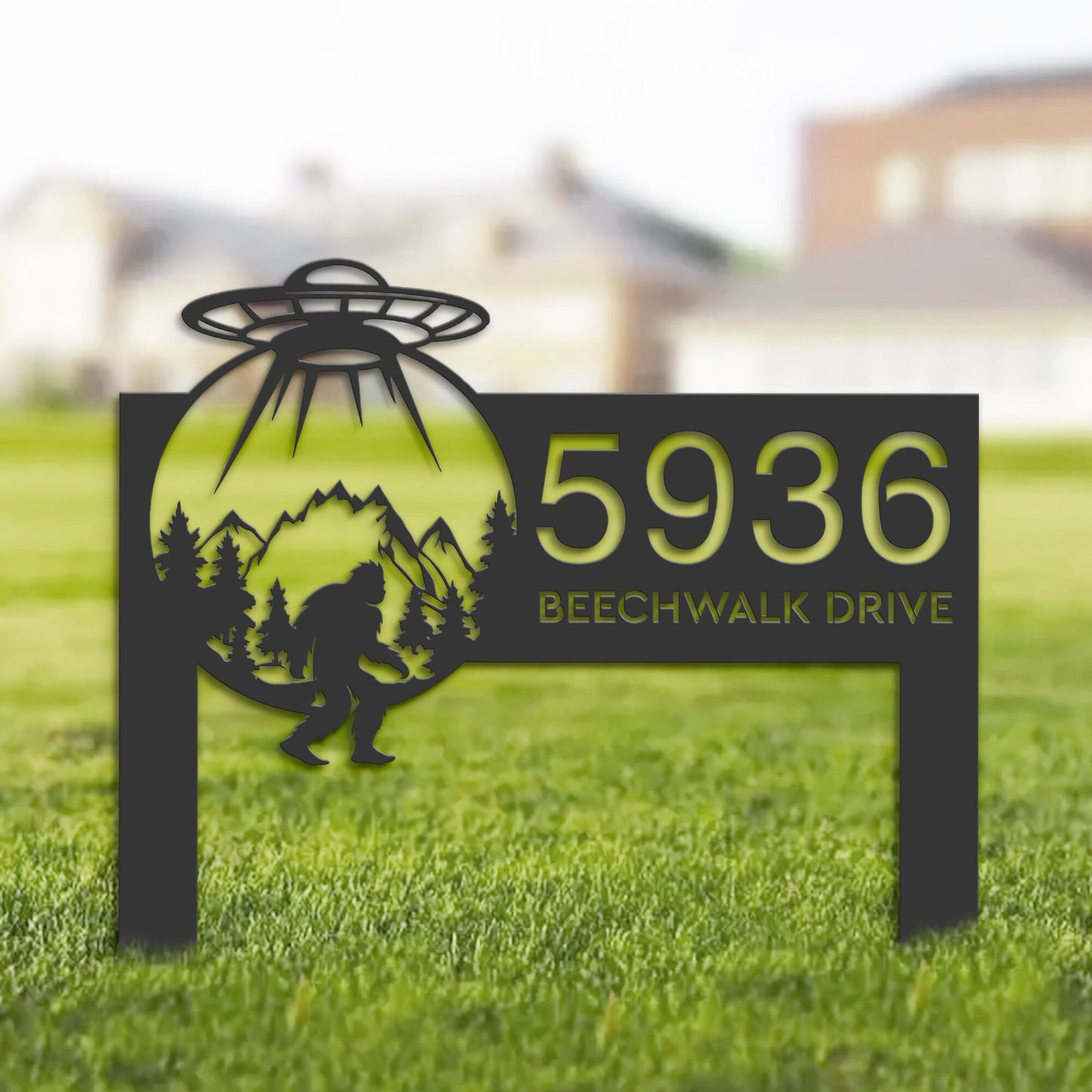 Personalized Alien UFO bigfoot sasquatch Metal Address Sign House number Hanging Address Plaque Yard Sign Outdoor Sign Garden Stake