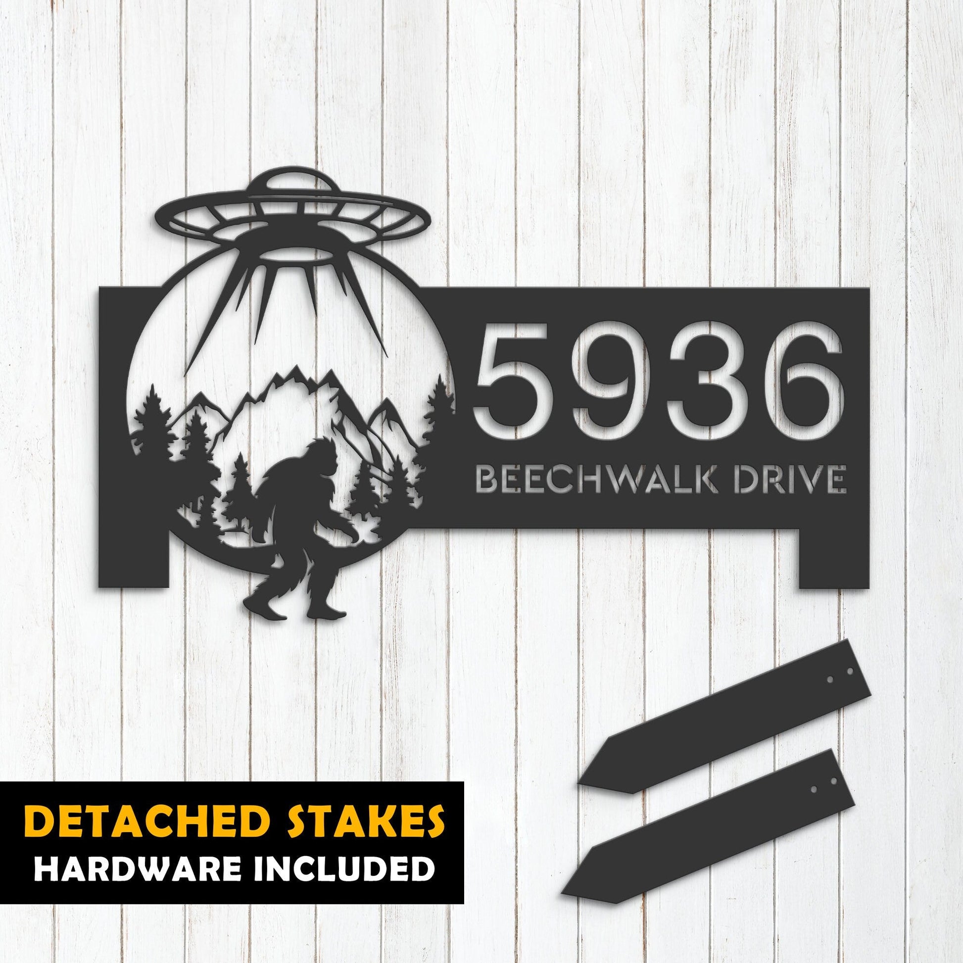 Personalized Alien UFO bigfoot sasquatch Metal Address Sign House number Hanging Address Plaque Yard Sign Outdoor Sign Garden Stake