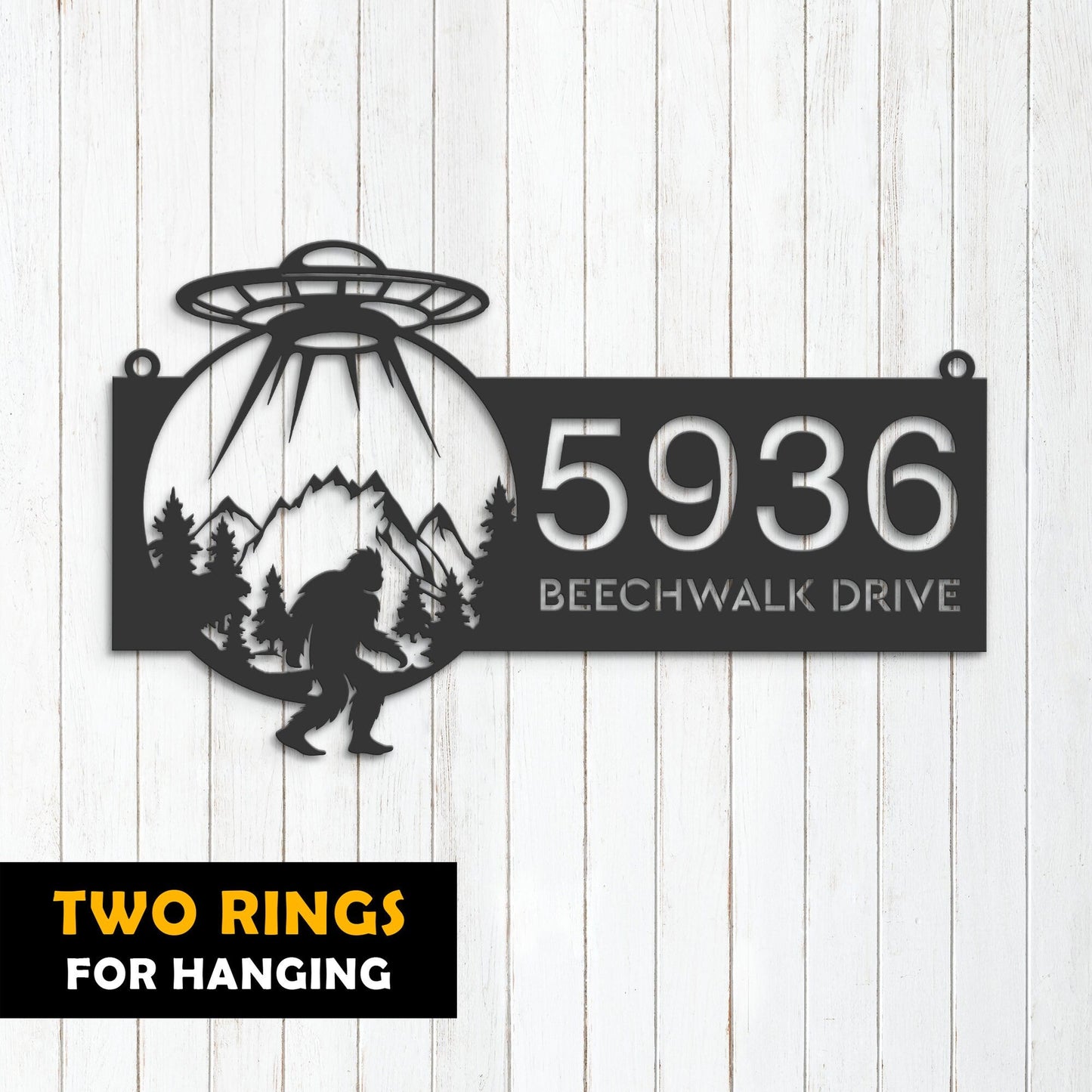 Personalized Alien UFO bigfoot sasquatch Metal Address Sign House number Hanging Address Plaque Yard Sign Outdoor Sign Garden Stake