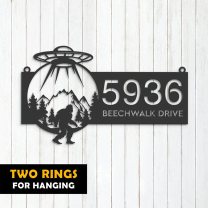 Personalized Alien UFO bigfoot sasquatch Metal Address Sign House number Hanging Address Plaque Yard Sign Outdoor Sign Garden Stake