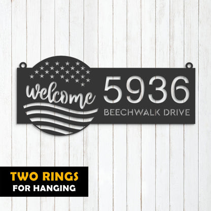 Personalized Welcome US flag 4th of July Metal Address Sign House number Hanging Address Plaque Yard Sign Outdoor decor Garden Stake