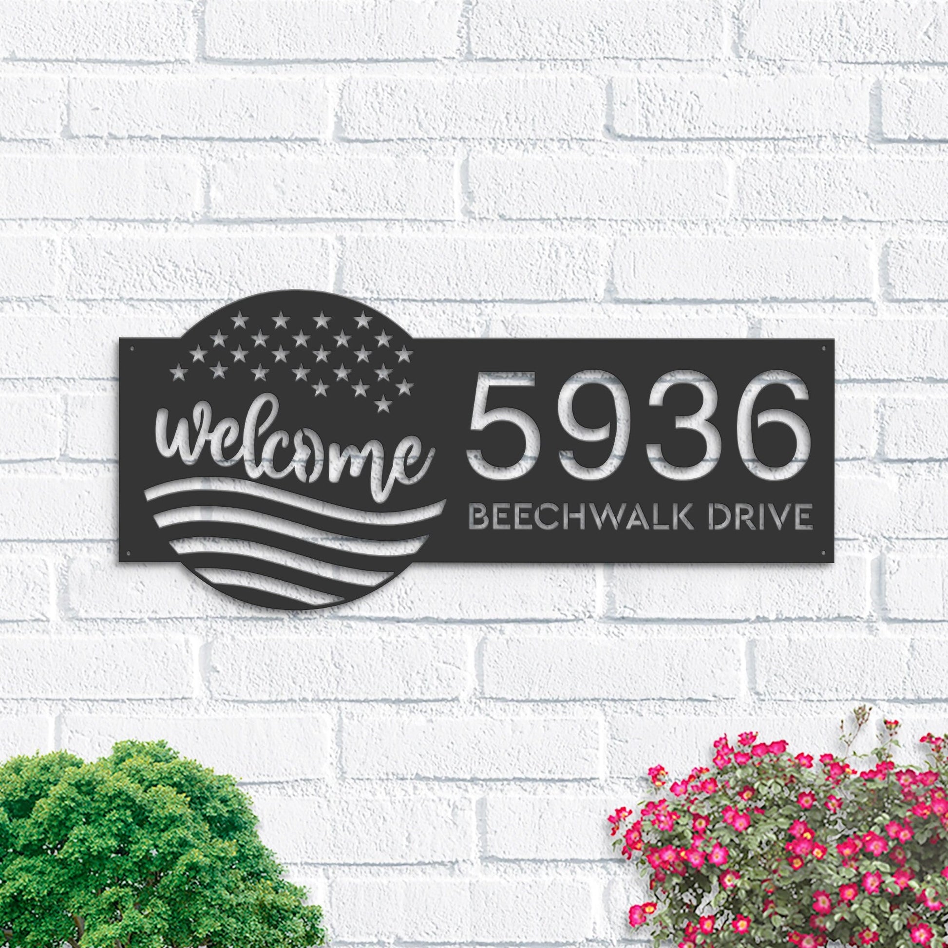 Personalized Welcome US flag 4th of July Metal Address Sign House number Hanging Address Plaque Yard Sign Outdoor decor Garden Stake