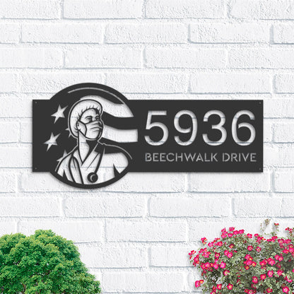 Personalized Nurse Looking Up USA Flag Metal Address Sign House number Hanging Address Plaque | Yard Sign, Outdoor Sign | Garden Stake