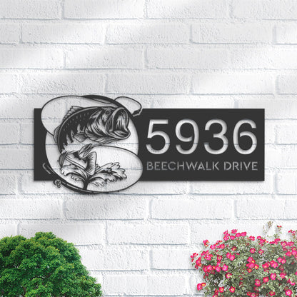 Personalized Bass fishing rod bait hook Metal Address Sign House number Hanging Address Plaque Yard Sign Outdoor Sign Garden Stake