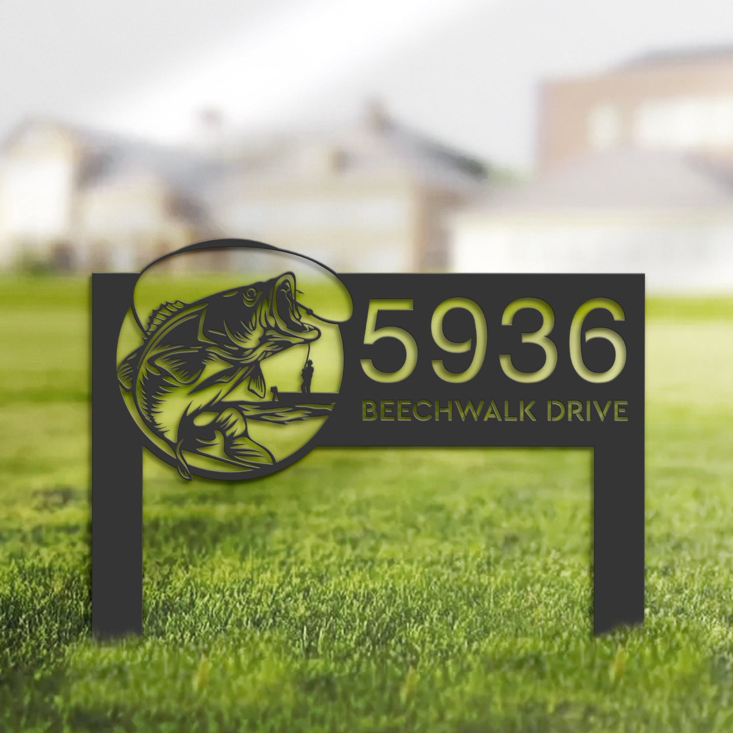 Personalized Bass fishing rod bait hook Metal Address Sign House number Hanging Address Plaque Yard Sign Outdoor Sign Garden Stake