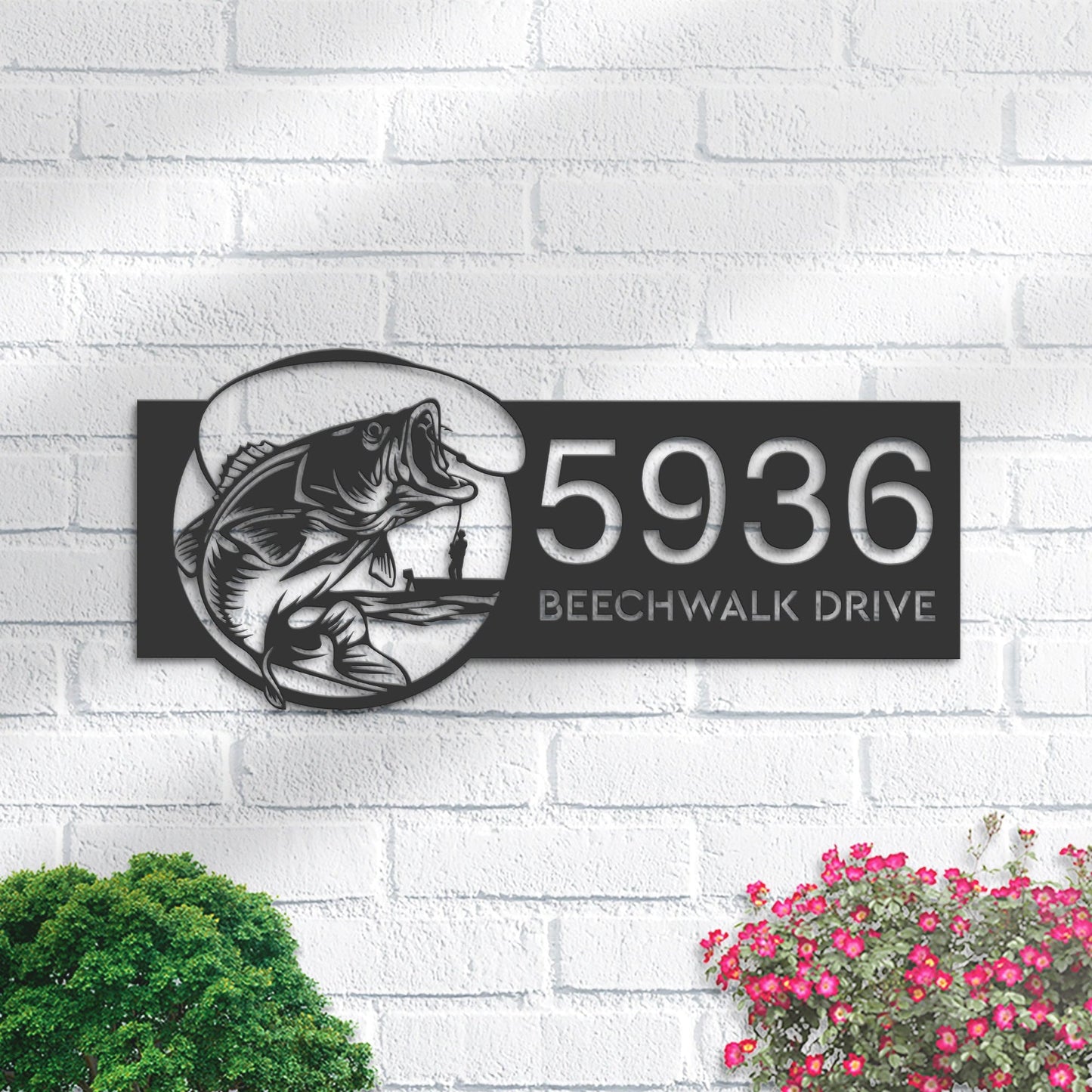 Personalized Bass fishing rod bait hook Metal Address Sign House number Hanging Address Plaque Yard Sign Outdoor Sign Garden Stake