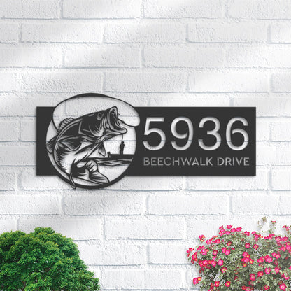 Personalized Bass fishing rod bait hook Metal Address Sign House number Hanging Address Plaque Yard Sign Outdoor Sign Garden Stake