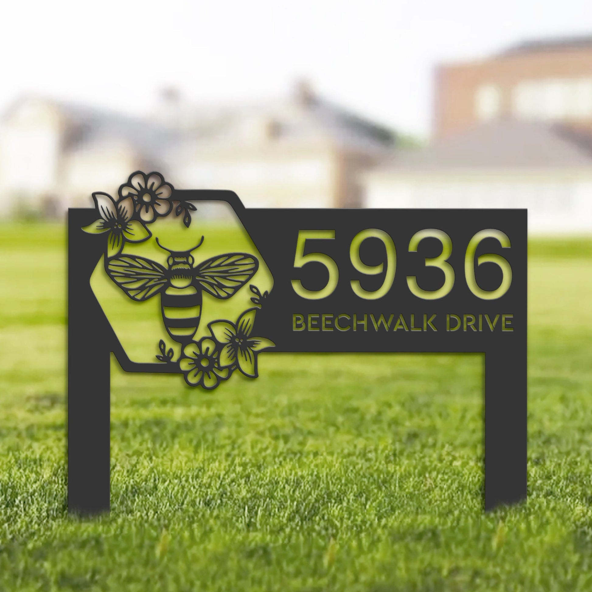 Personalized Bee on floral frame Metal Address Sign Custom House Number, Hanging Address Plaque Yard Sign, Outdoor Sign Garden Stake