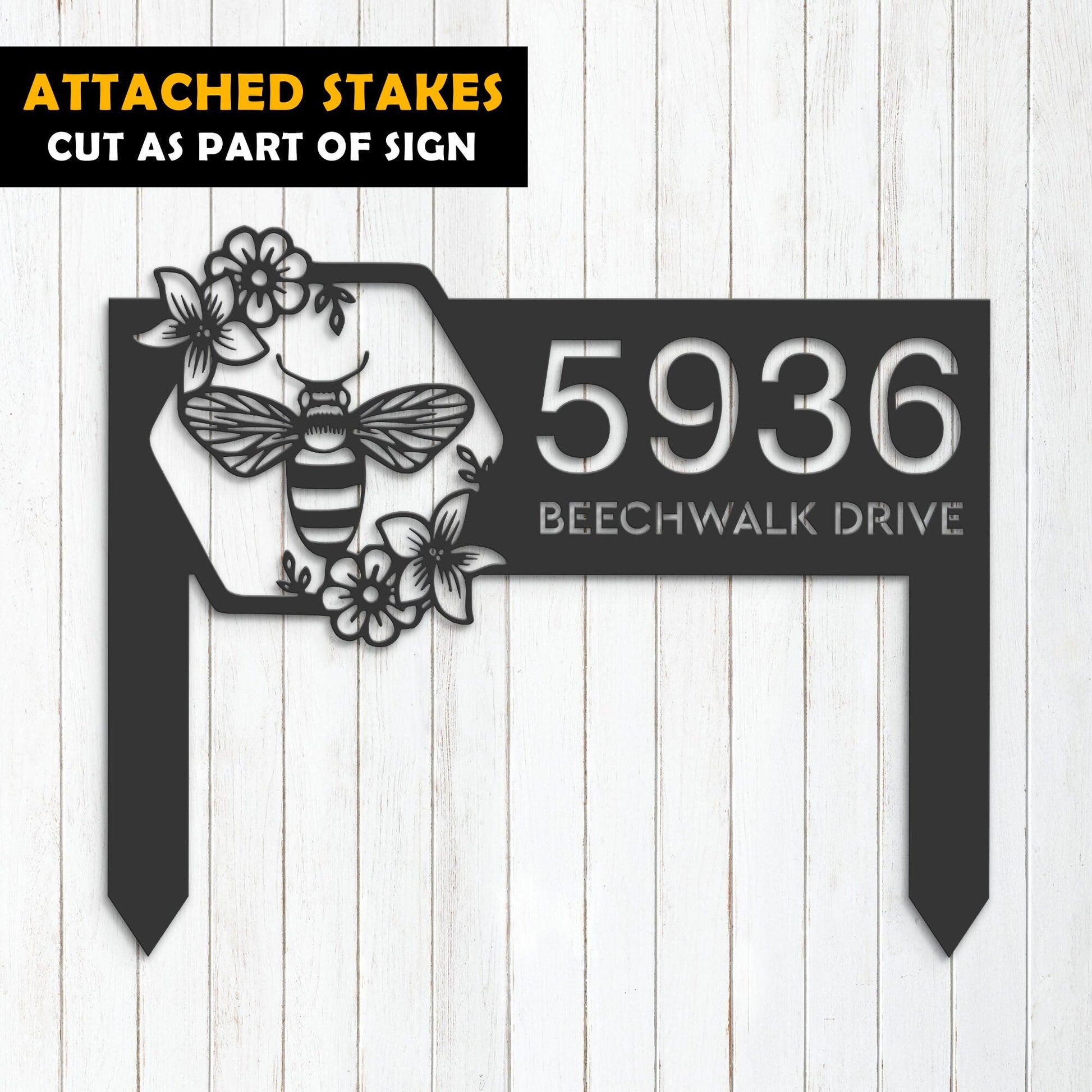 Personalized Bee on floral frame Metal Address Sign Custom House Number, Hanging Address Plaque Yard Sign, Outdoor Sign Garden Stake