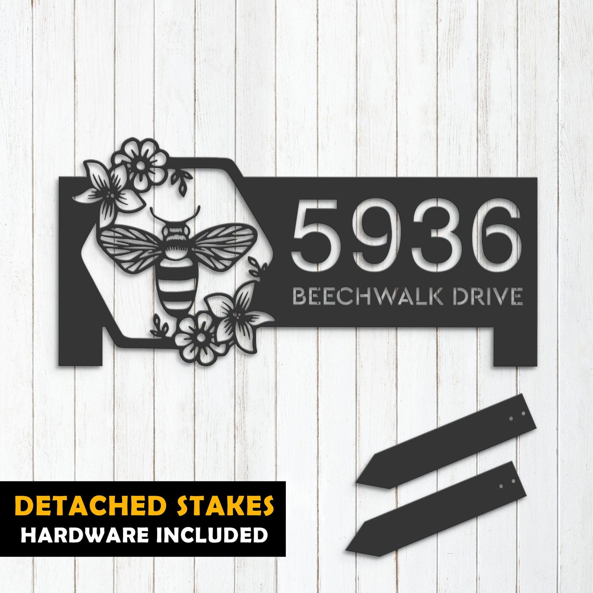 Personalized Bee on floral frame Metal Address Sign Custom House Number, Hanging Address Plaque Yard Sign, Outdoor Sign Garden Stake