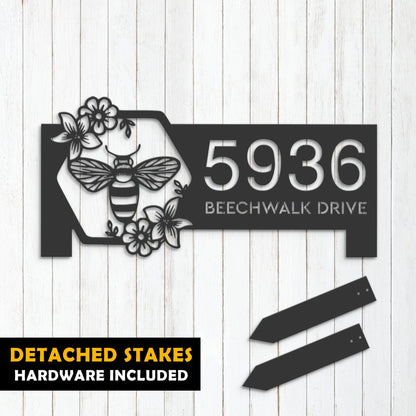 Personalized Bee on floral frame Metal Address Sign Custom House Number, Hanging Address Plaque Yard Sign, Outdoor Sign Garden Stake