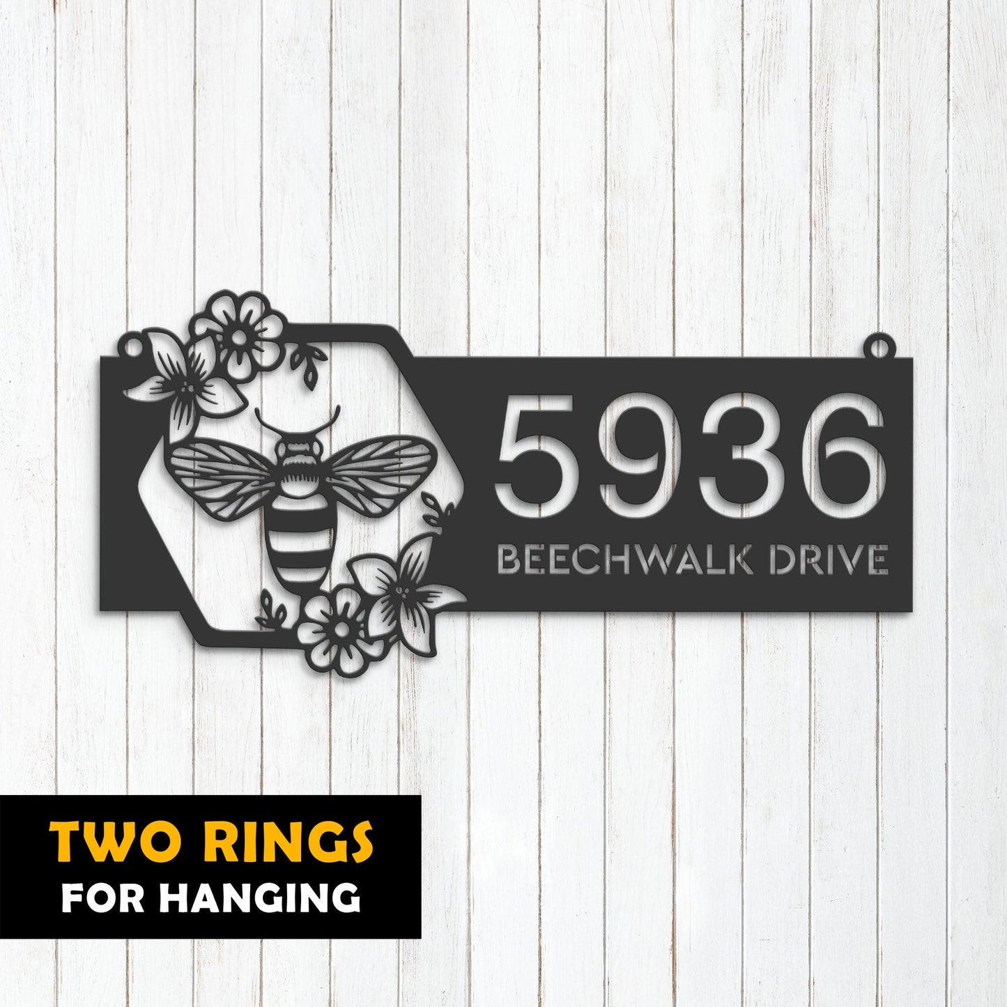 Personalized Bee on floral frame Metal Address Sign Custom House Number, Hanging Address Plaque Yard Sign, Outdoor Sign Garden Stake