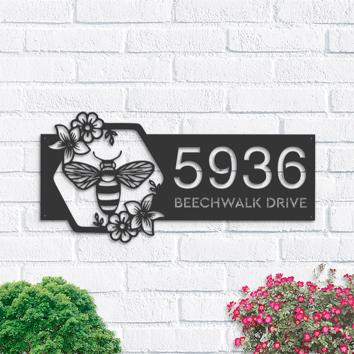 Personalized Bee on floral frame Metal Address Sign Custom House Number, Hanging Address Plaque Yard Sign, Outdoor Sign Garden Stake