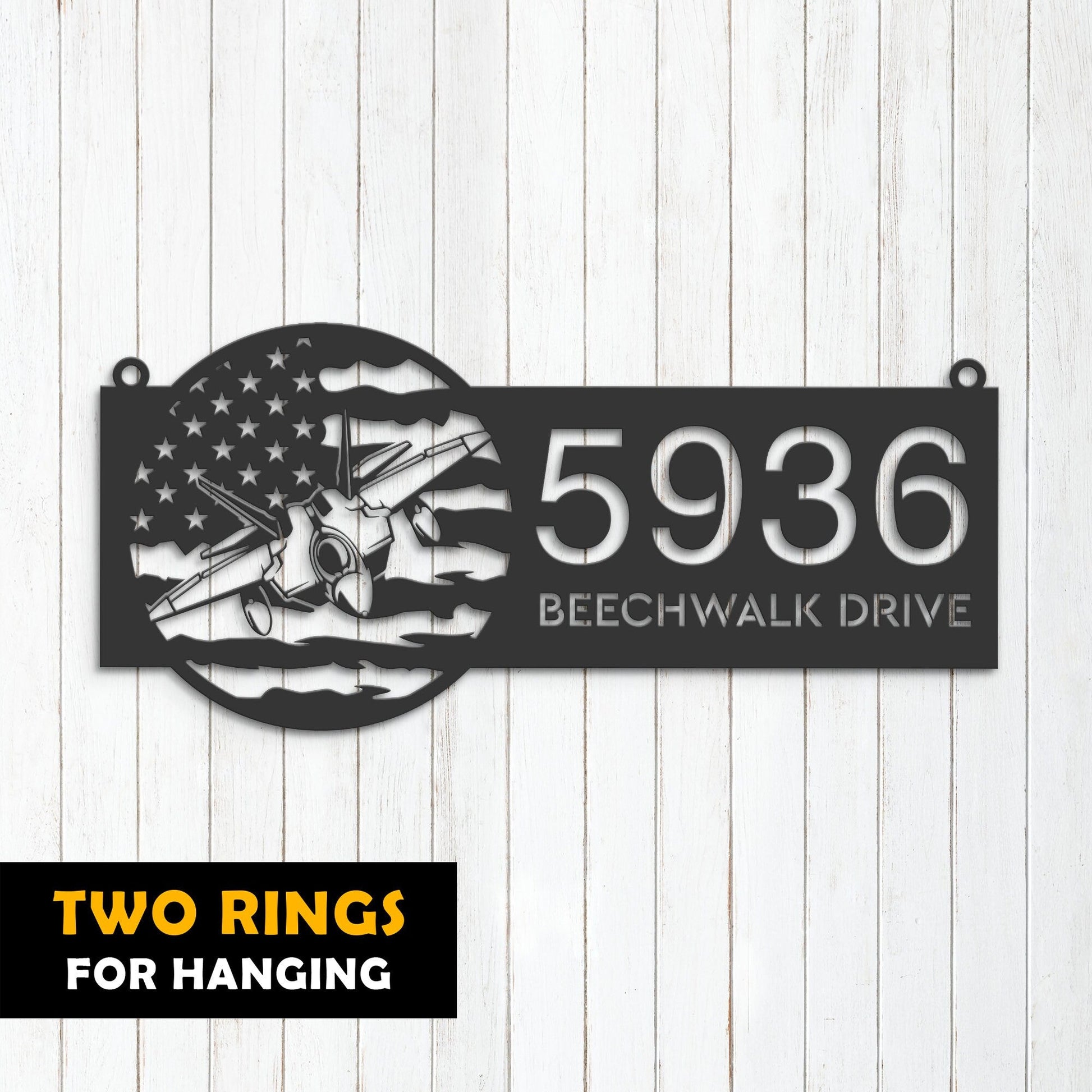 Personalized Airplane jet on US flag Metal Address Sign House number Hanging Address Plaque Yard Sign Outdoor Garden Stake