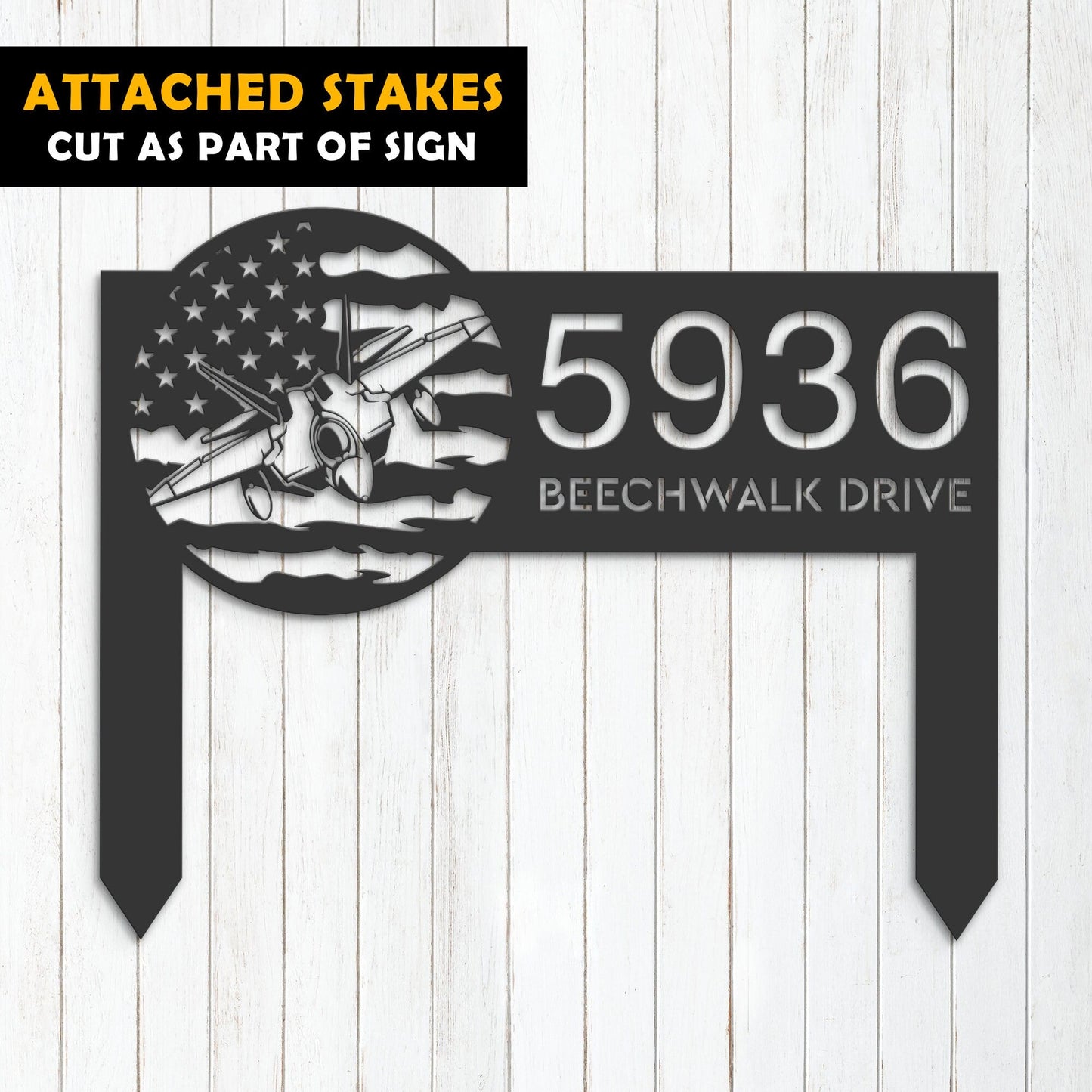 Personalized Airplane jet on US flag Metal Address Sign House number Hanging Address Plaque Yard Sign Outdoor Garden Stake