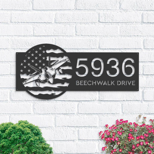 Personalized Airplane jet on US flag Metal Address Sign House number Hanging Address Plaque Yard Sign Outdoor Garden Stake