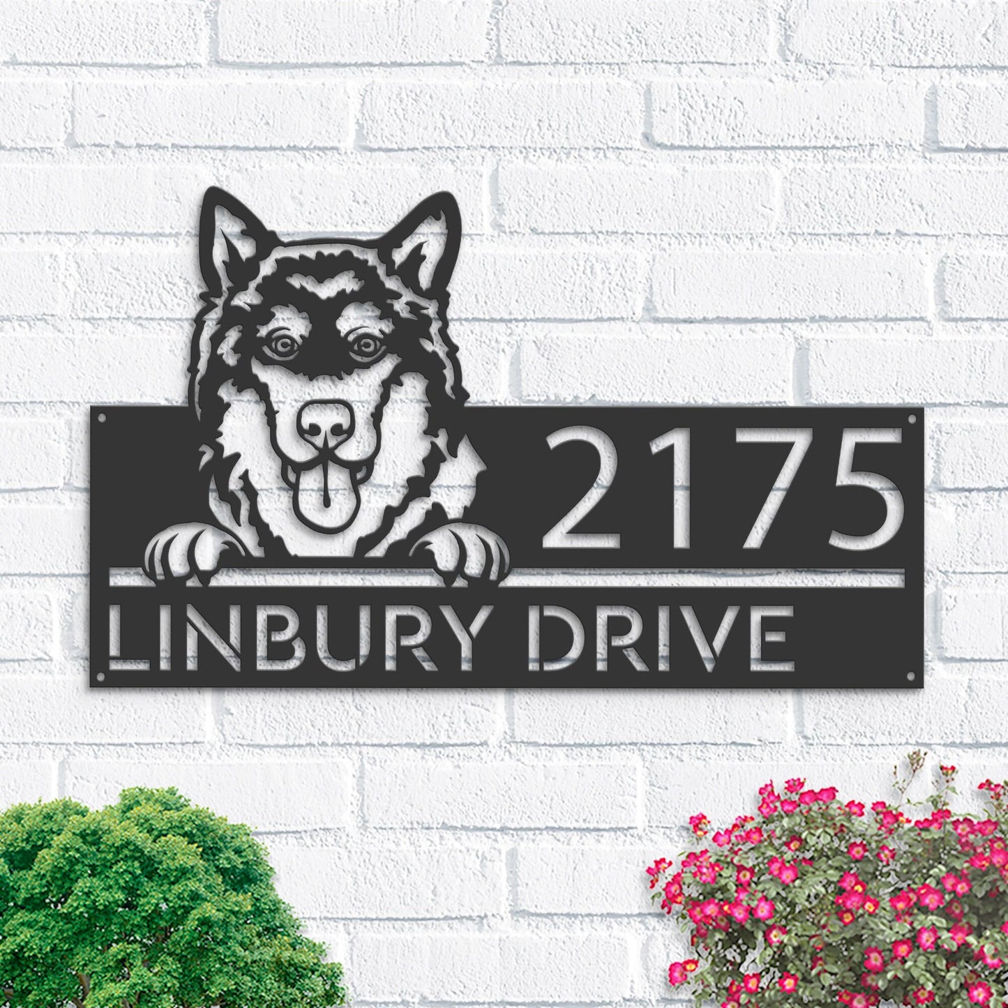 Personalized Alaskan Malamute dog, cute puppy Metal Address Sign House number Hanging Address Plaque Yard Sign Outdoor decor Garden Stake