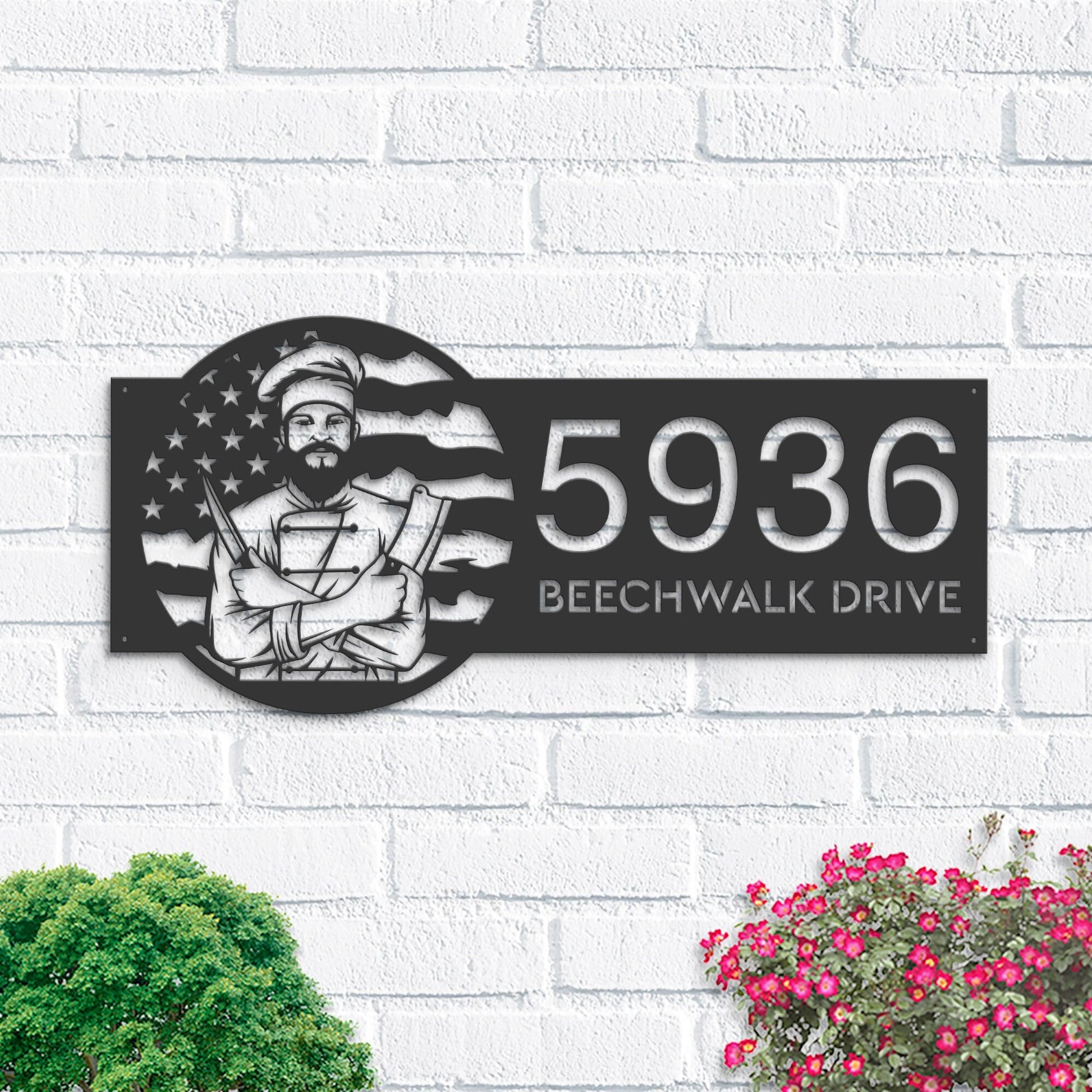 Personalized Chef cook cooking US flag Metal Address Sign House number Hanging Address Plaque | Yard Sign, Outdoor Sign | Garden Stake