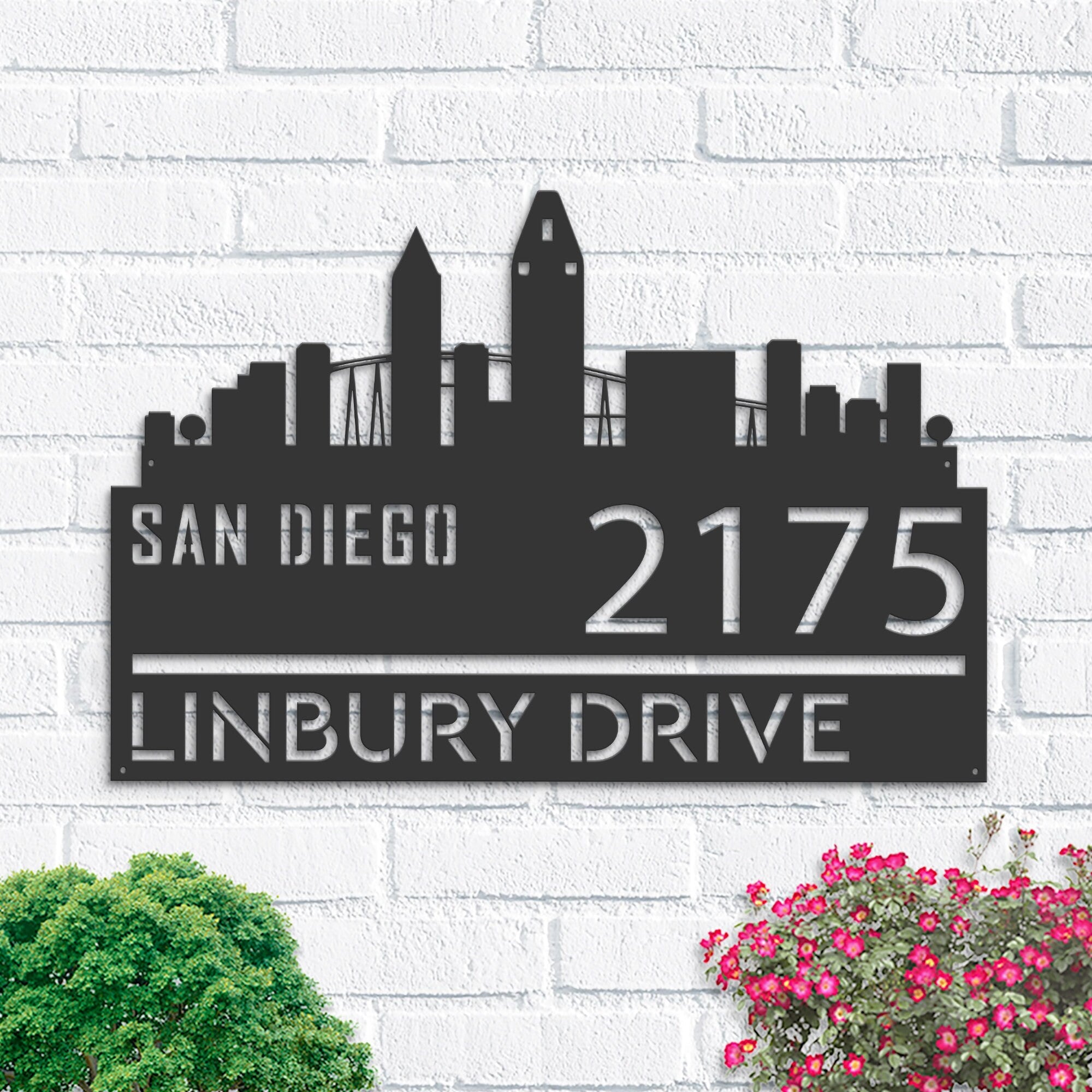 Personalized San Diego city skyline Metal Address Sign Hanging Address