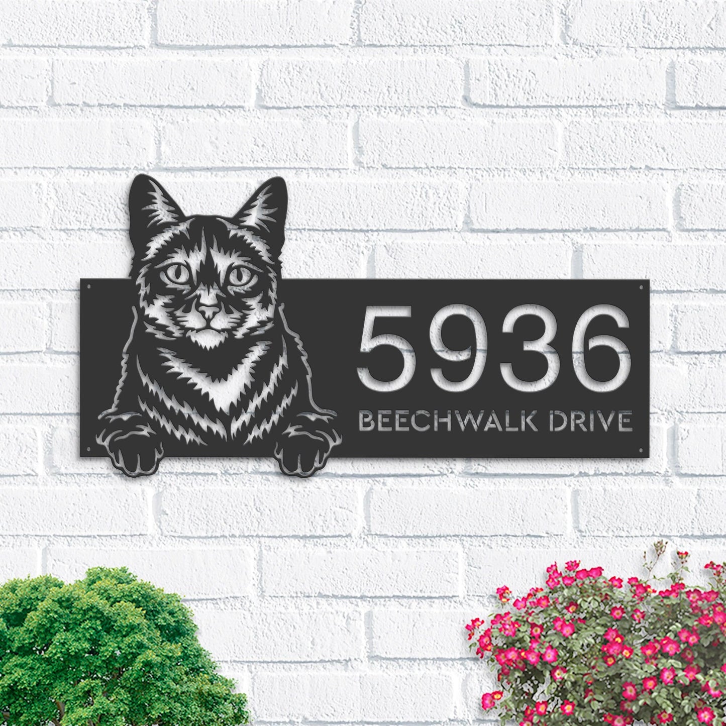 Personalized Domestic Cute peeking cat kitten Metal Address Sign House number Hanging Address Plaque Yard Sign Outdoor Sign Garden Stake