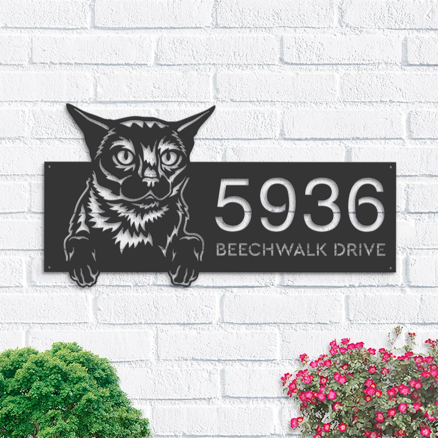 Personalized Burma Cute peeking cat kitten Metal Address Sign House number Hanging Address Plaque Yard Sign Outdoor Sign Garden Stake