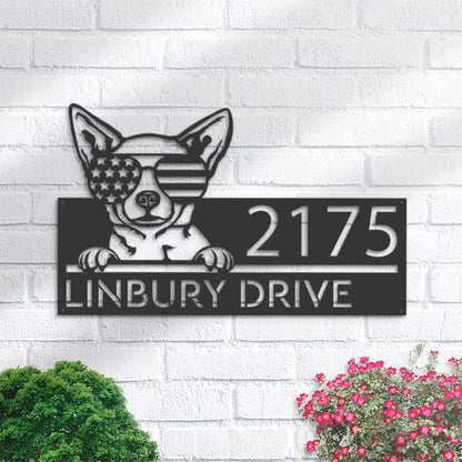 Personalized Chihuahua dog US flag glasses Metal Address Sign House number Hanging Address Plaque Yard Sign Outdoor decor Garden Stake