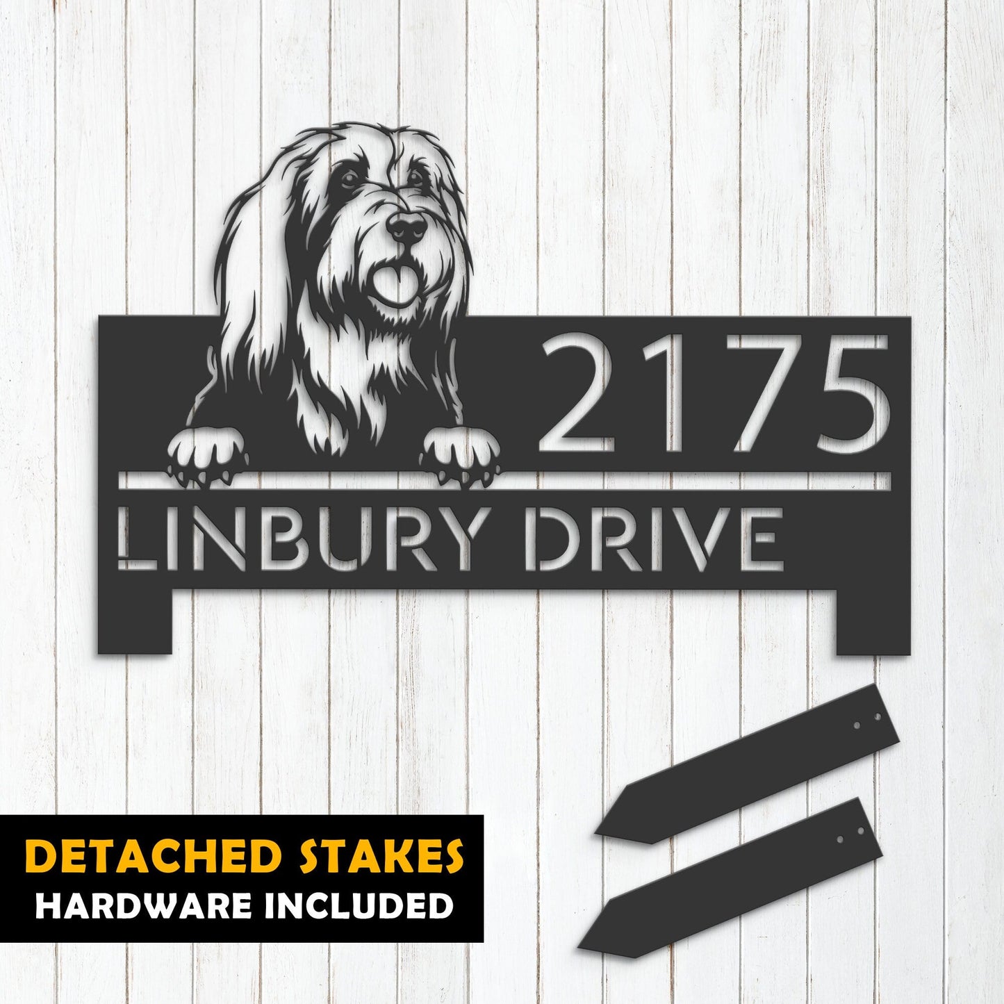 Personalized Bearded collie dog, Puppy Metal Address Sign House number Hanging Address Plaque Yard Sign Outdoor decor Garden Stake