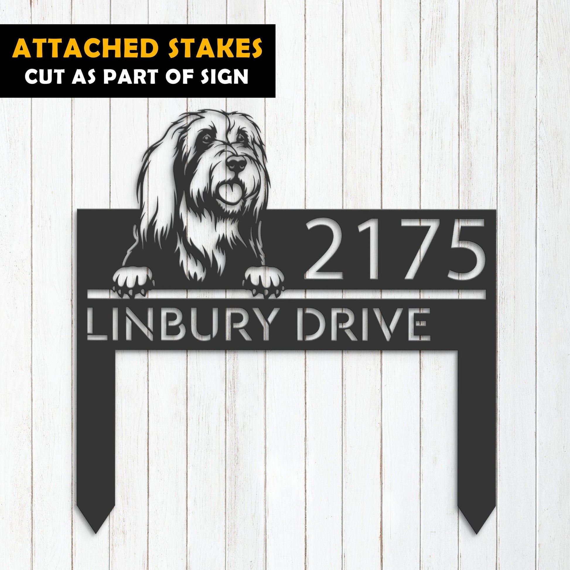 Personalized Bearded collie dog, Puppy Metal Address Sign House number Hanging Address Plaque Yard Sign Outdoor decor Garden Stake