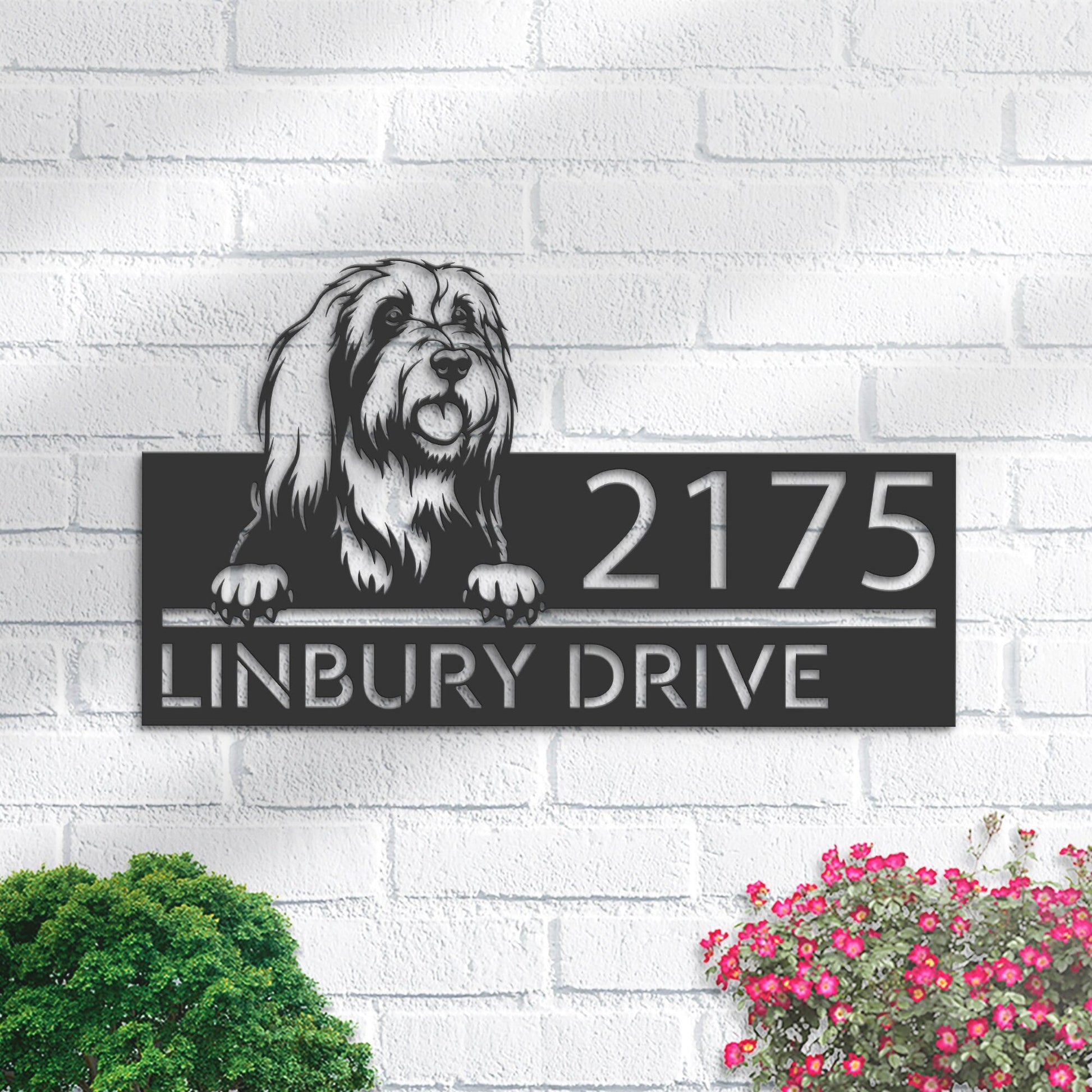 Personalized Bearded collie dog, Puppy Metal Address Sign House number Hanging Address Plaque Yard Sign Outdoor decor Garden Stake