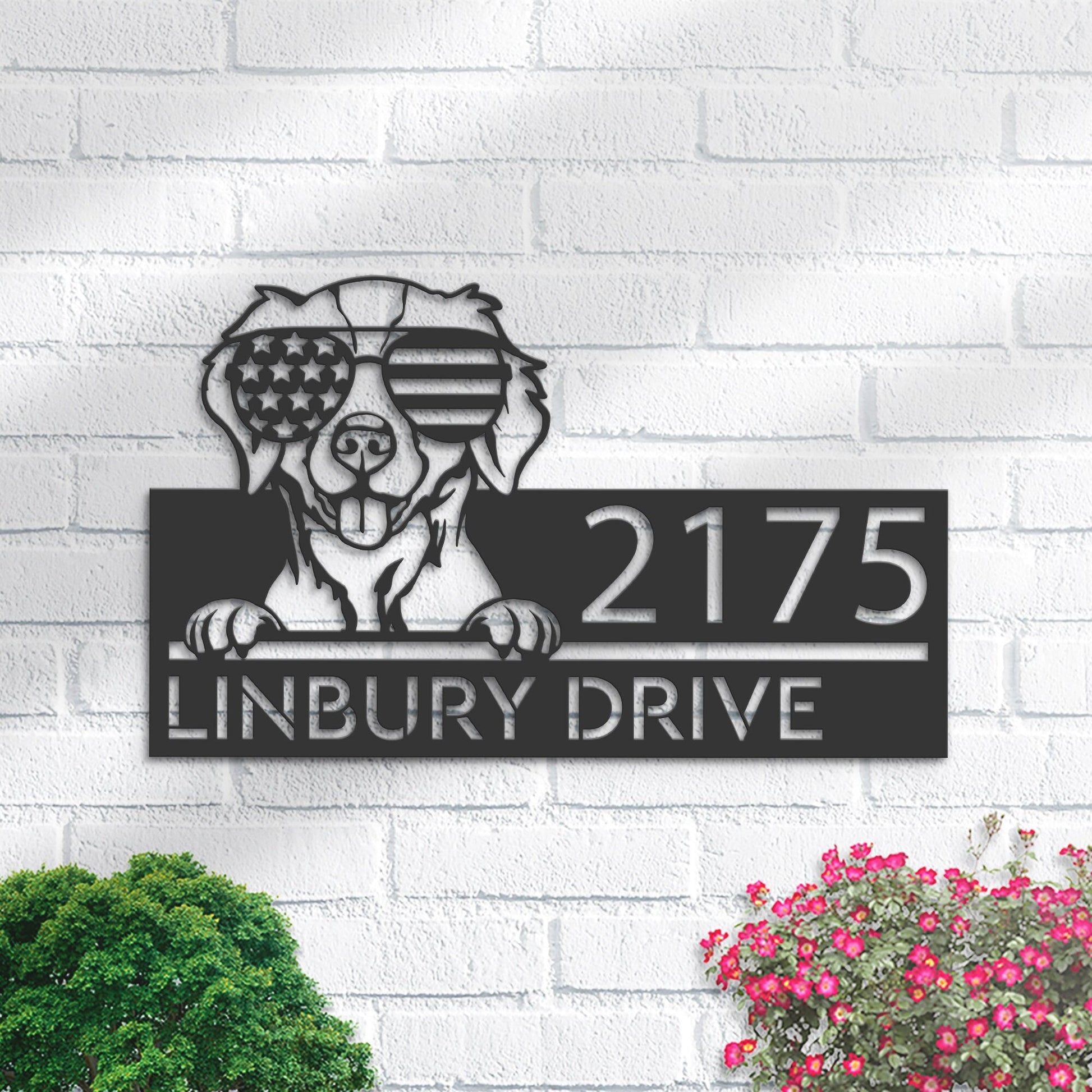 Personalized Brittany spaniel dog US glasses Metal Address Sign House number Hanging Address Plaque Yard Sign Outdoor decor Garden Stake