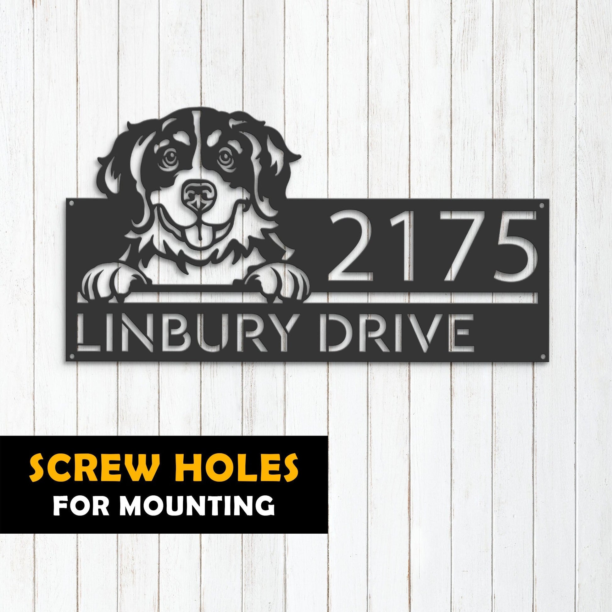 Personalized Bernese mountain dog, cute puppy Metal Address Sign House number Hanging Address Plaque Yard Sign Outdoor decor Garden Stake